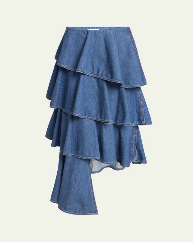 Spiral Ruffle Denim Midi Skirt